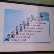 Tekening van een jongetje op een trap die iedere tree hoger meer zelfvertrouwen heeft